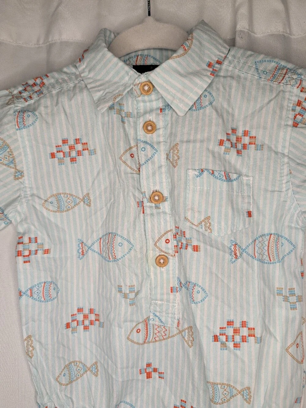 picapino Baby Boy Fish Print Light Blue Striped Bodysuit Romper 6/9M 6-9 Months